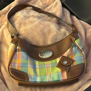 Colorful Plaid Shoulder Bag with Brown Accents